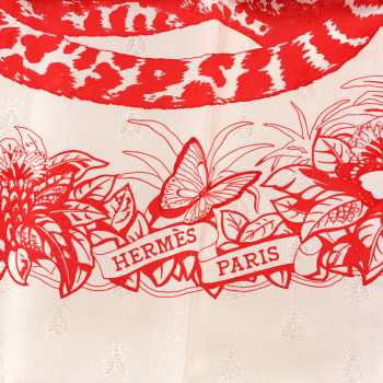 HERMES Cashmere Silk Jungle Love Tattoo Shawl 140 White Rouge