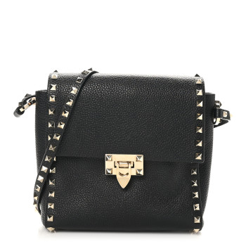 VALENTINO GARAVANI Pebbled Calfskin Rockstud Flip Lock Flap Messenger Black