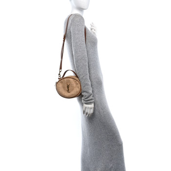 SAINT LAURENT Raffia Calfskin Round Camera Bag Golden Ecru Brick