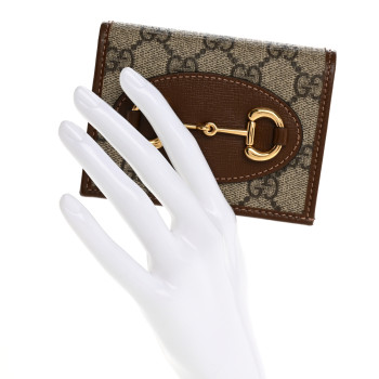 GUCCI GG Supreme Monogram Horsebit 1955 Card Case Wallet Beige Ebony Brown Sugar