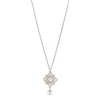 CHANEL Crystal CC Drop Pendant Necklace Silver