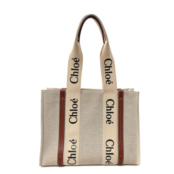 CHLOE Linen Calfskin Medium Woody Ribbon Tote White Brown