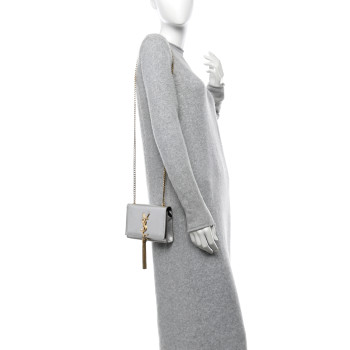 SAINT LAURENT Metallic Calfskin Small Classic Monogram Kate Tassel Satchel Silver