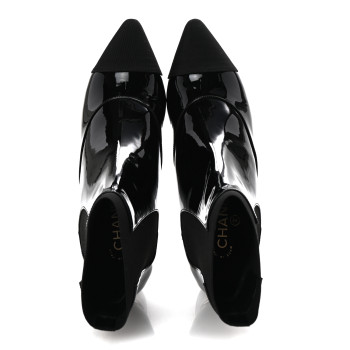 CHANEL Patent Grosgain Cap Toe Short Boots 38.5 Black