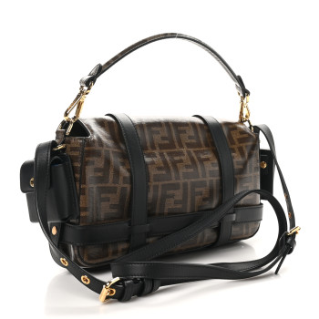 FENDI Glazed Fabric Vitello Century FF 1974 Large Baguette Cage Mogano Panna Black