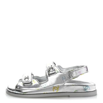 CHANEL Laminated Lambskin Printed CC Dad Sandals 40 Silver Multicolor