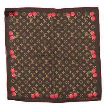 LOUIS VUITTON LV X TM Silk Cotton Monogram Cerises Square Scarf 55 Brown