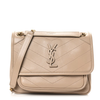 SAINT LAURENT Lambskin Matelasse Monogram Baby Niki Chain Satchel Dark Beige