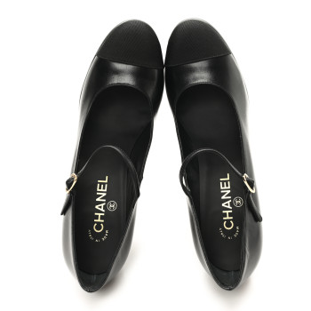 CHANEL Goatskin Grosgrain Cap Toe Mary Jane Pumps 39.5 Black