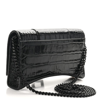 BALENCIAGA Shiny Calfskin Monochrome Crocodile Embossed Hourglass Chain Bag Black