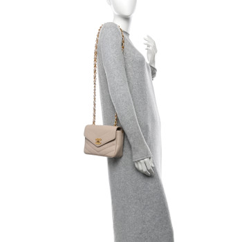 CHANEL Caviar Chevron Quilted Mini Square Flap Light Beige