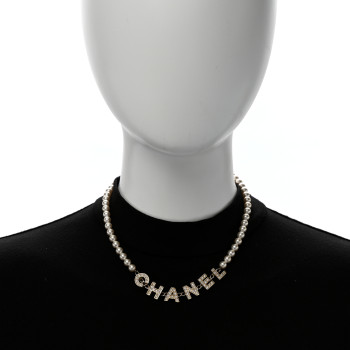 CHANEL Pearl Crystal CC Logo Short Necklace Gold