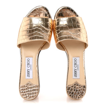JIMMY CHOO Metallic Calfskin Crocodile Embossed Cork DeeDee Platform Wedge Slide Sandals 37.5 Gold