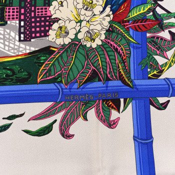 HERMES Silk Jardins D Hiver Scarf 90 Gris Vert Rose