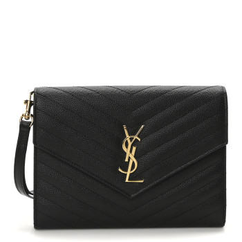 SAINT LAURENT Grain De Poudre Matelasse Chevron Monogram Envelope Clutch  Black