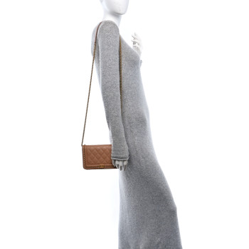 CHANEL Caviar Quilted Chain Around Boy Wallet On Chain WOC Beige