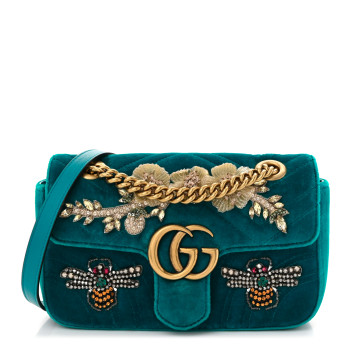 GUCCI Velvet Matelasse Embroidered Mini GG Marmont Shoulder Bag Pavone Cyan