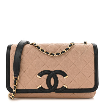 CHANEL Caviar Quilted Small CC Filigree Flap Beige Black