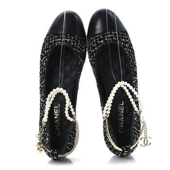 CHANEL Tweed Lambskin Cap Toe Ankle Chain Ballerina Flats 39.5 Black White