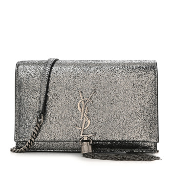 SAINT LAURENT Metallic Calfskin Classic Monogram Kate Tassel Chain Wallet Gun Metal