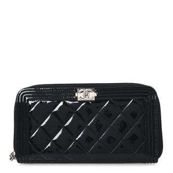 CHANEL Patent Calfskin Quilted Boy L-Gusset Zip Wallet Black
