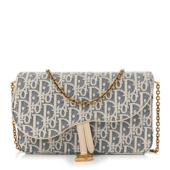 CHRISTIAN DIOR Chambray Raffia Effect Oblique Medium Saddle Pouch With Chain Blue Light Biscuit