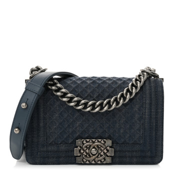 CHANEL Denim Embossed Small Boy Flap Blue