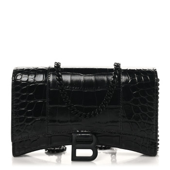 BALENCIAGA Shiny Calfskin Monochrome Crocodile Embossed Hourglass Chain Bag Black