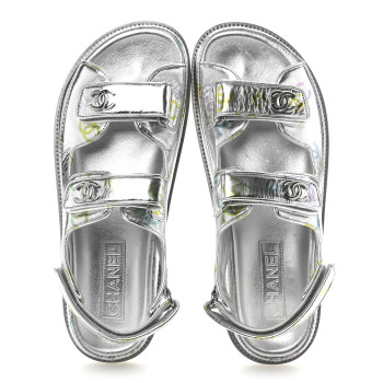 CHANEL Laminated Lambskin Printed CC Dad Sandals 40 Silver Multicolor