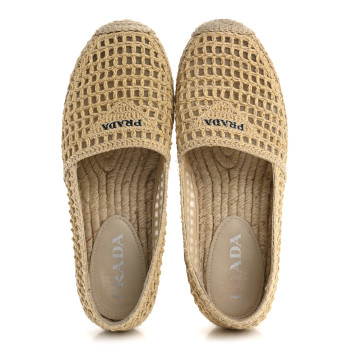 PRADA Raffia Triangle Logo Crochet 20mm Espadrilles 38 Naturale