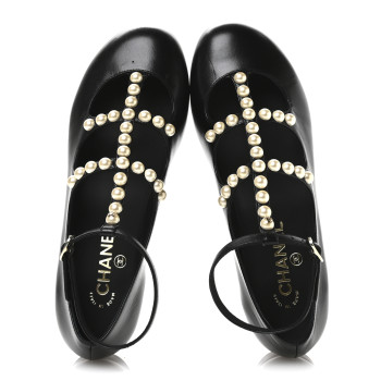 CHANEL Goatskin Pearl Mary Janes Flats 39.5 Black