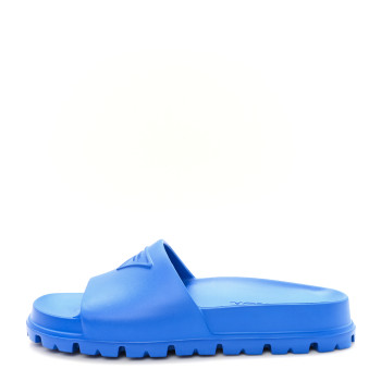 PRADA EVA Rubber Triangle Logo Embossed Womens Lug Sole 20mm Slide Sandals 37 Azzurro