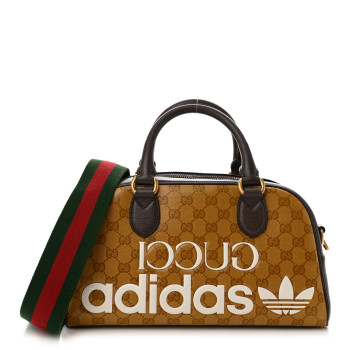 GUCCI X ADIDAS Crystal Vintage Monogram Textured Dollar Calfskin Web Trefoil Logo Mini Bowling Bag Mid Natural Nut Off White New Acero