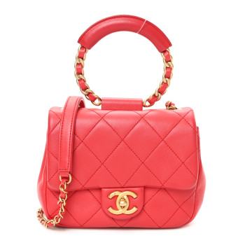 CHANEL Lambskin Quilted Small Circular Handle Bag Brilliant Rouge