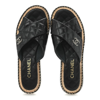 CHANEL Lambskin Quilted Chain CC Sandals 39 Black