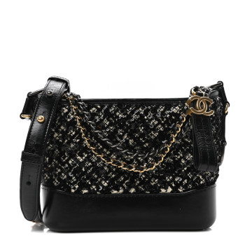 CHANEL Tweed Sequin Calfskin Small Gabrielle Hobo Beige Black