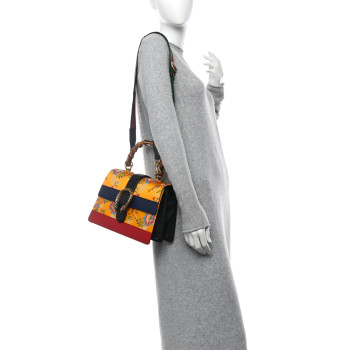 GUCCI Satin Calfskin Bamboo Web Tokyo Print Medium Dionysus Top Handle Bag Giallo Multicolor Blue Agata Hibiscus Red