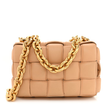 BOTTEGA VENETA Lambskin Maxi Intreccio Padded Chain Cassette Crossbody Bag Almond