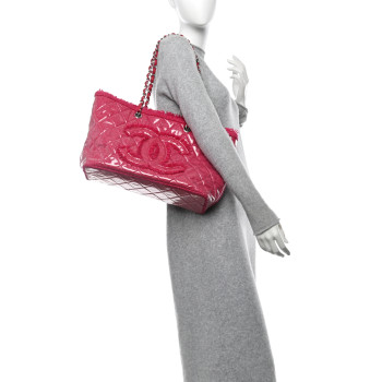 CHANEL Vinyl Quilted Funny Tweed Tote Fuchsia