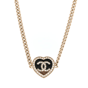 CHANEL Resin Crystal Glitter CC Heart Choker Necklace Black Gold