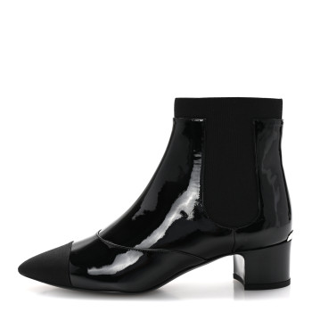 CHANEL Patent Grosgain Cap Toe Short Boots 38.5 Black