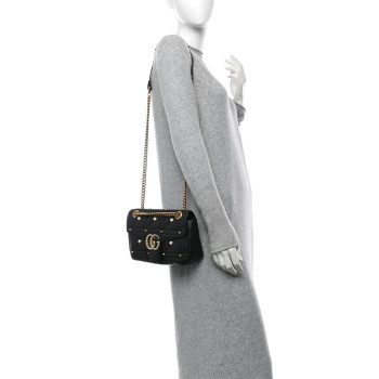 GUCCI Calfskin Matelasse Studded Small Pearly GG Marmont Shoulder Bag Black