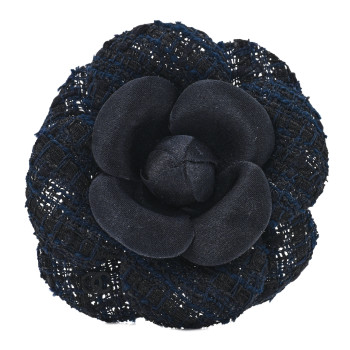 CHANEL Tweed Fabric Camellia Pin Brooch 115/46 Navy Black