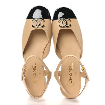 CHANEL Lambskin Patent Cap Toe Crystal Enamel CC Mary Jane Slingback Flats 39 Beige Black