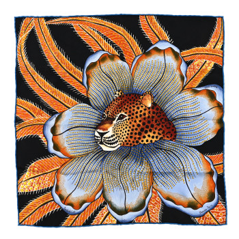 HERMES Silk Baobab Cat Scarf 45 Black Jaune Bleu