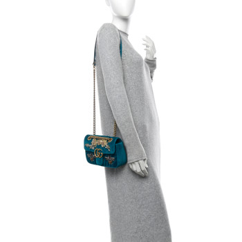 GUCCI Velvet Matelasse Embroidered Mini GG Marmont Shoulder Bag Pavone Cyan