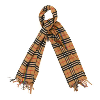 BURBERRY Wool Silk Vintage Rainbow Check Fringe Scarf Antique Yellow