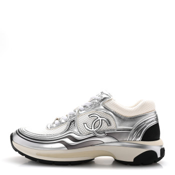 CHANEL Fabric Laminated Calfskin Stretch CC Womens Sneakers 40 White Silver