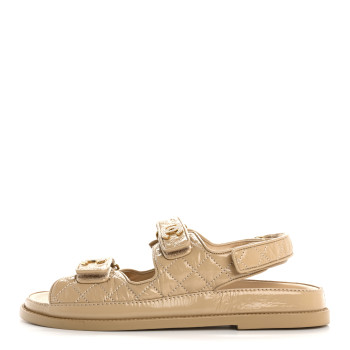CHANEL Crumpled Shiny Lambskin Velcro Dad Sandals 40 Beige