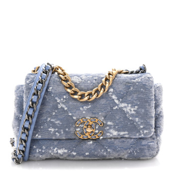 CHANEL Sequin Quilted Medium Chanel 19 Flap Light Blue